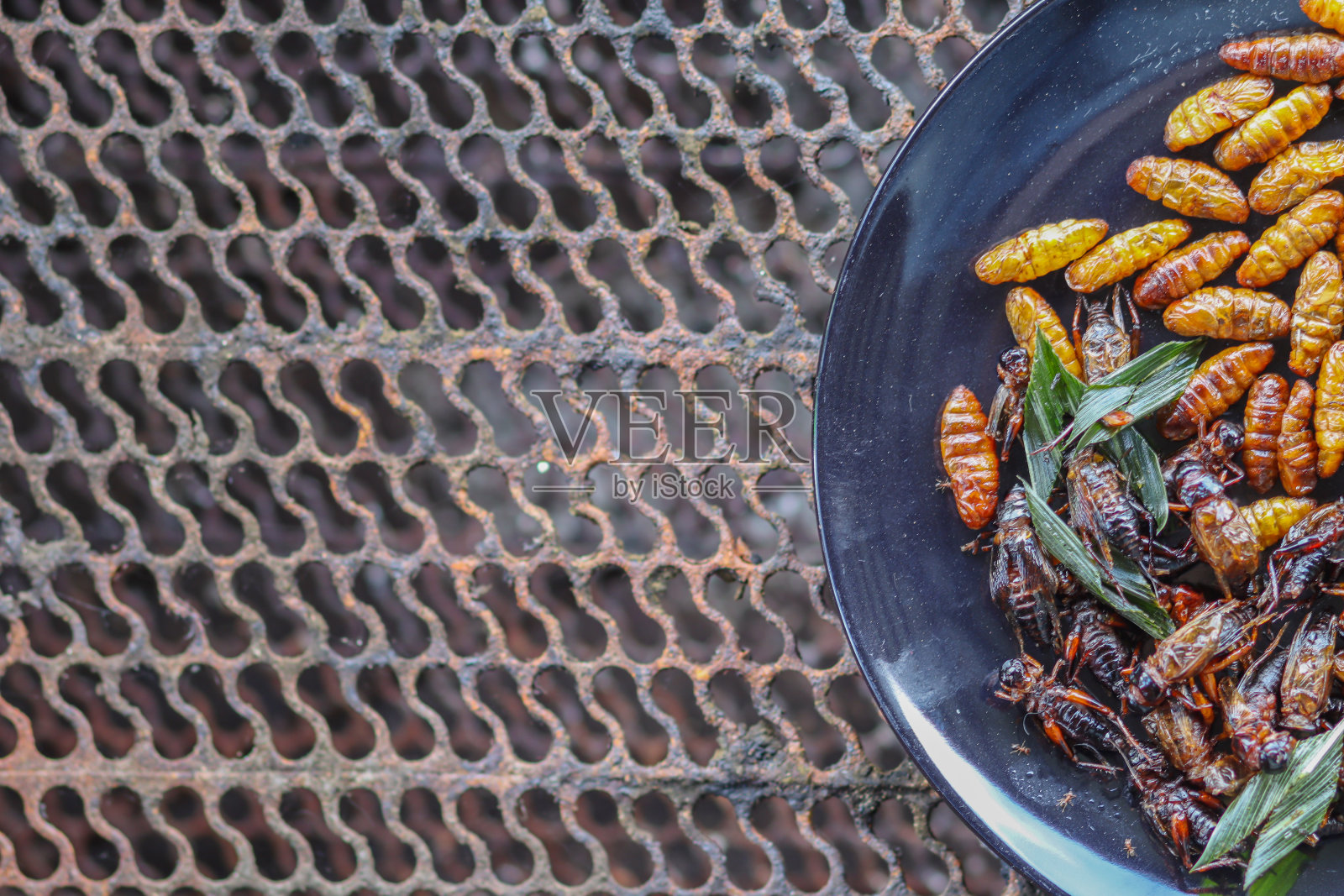 脆脆的昆虫装在黑色陶瓷盘子里，放在钢格栅做成的桌子上。炸昆虫是一种很受欢迎的食物，搭配酒精饮料，因为它们很容易找到，而且很受欢迎照片摄影图片