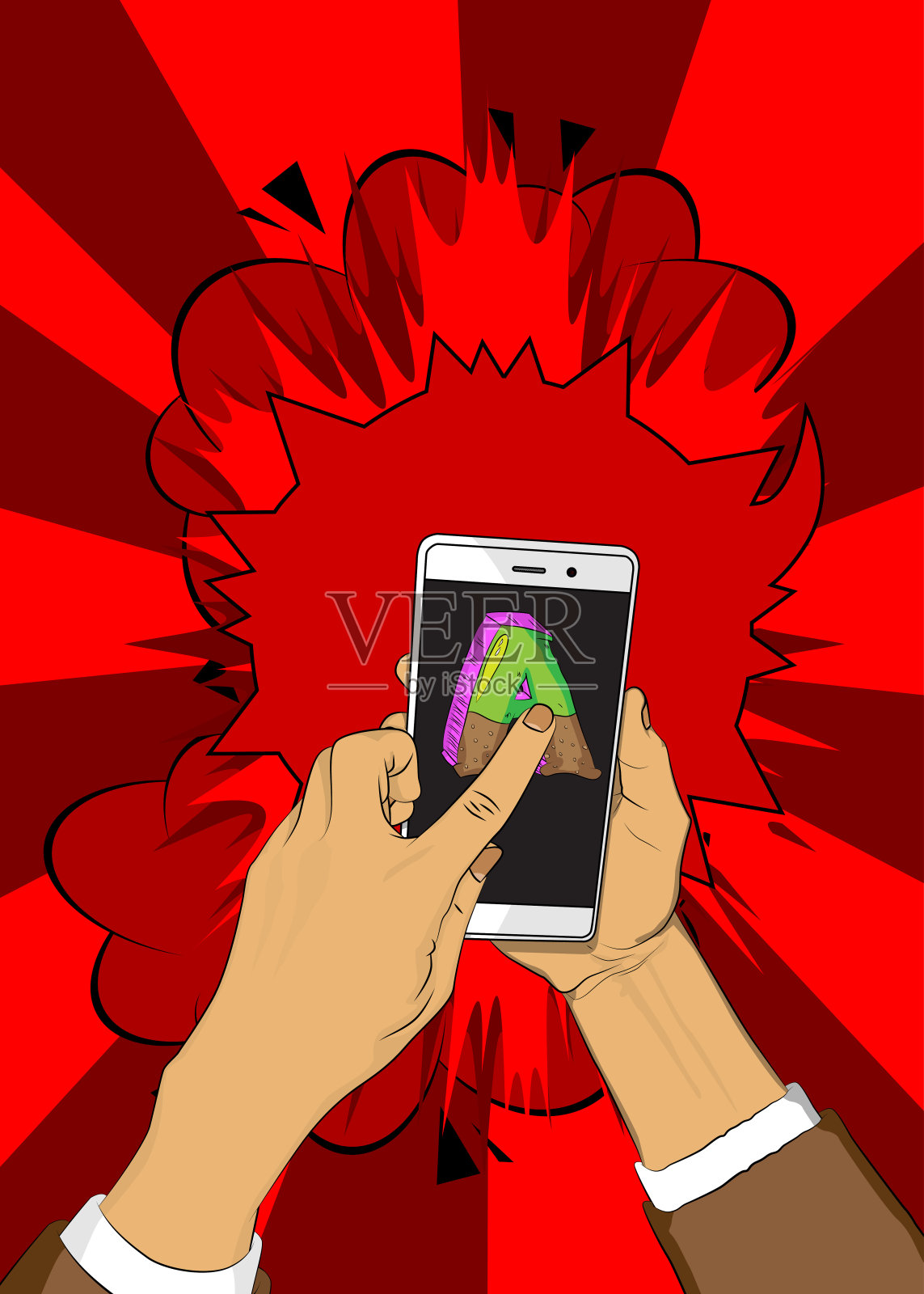 卡通智能手机，漫画书电话与字母a复古矢量漫画流行艺术设计。插画图片素材