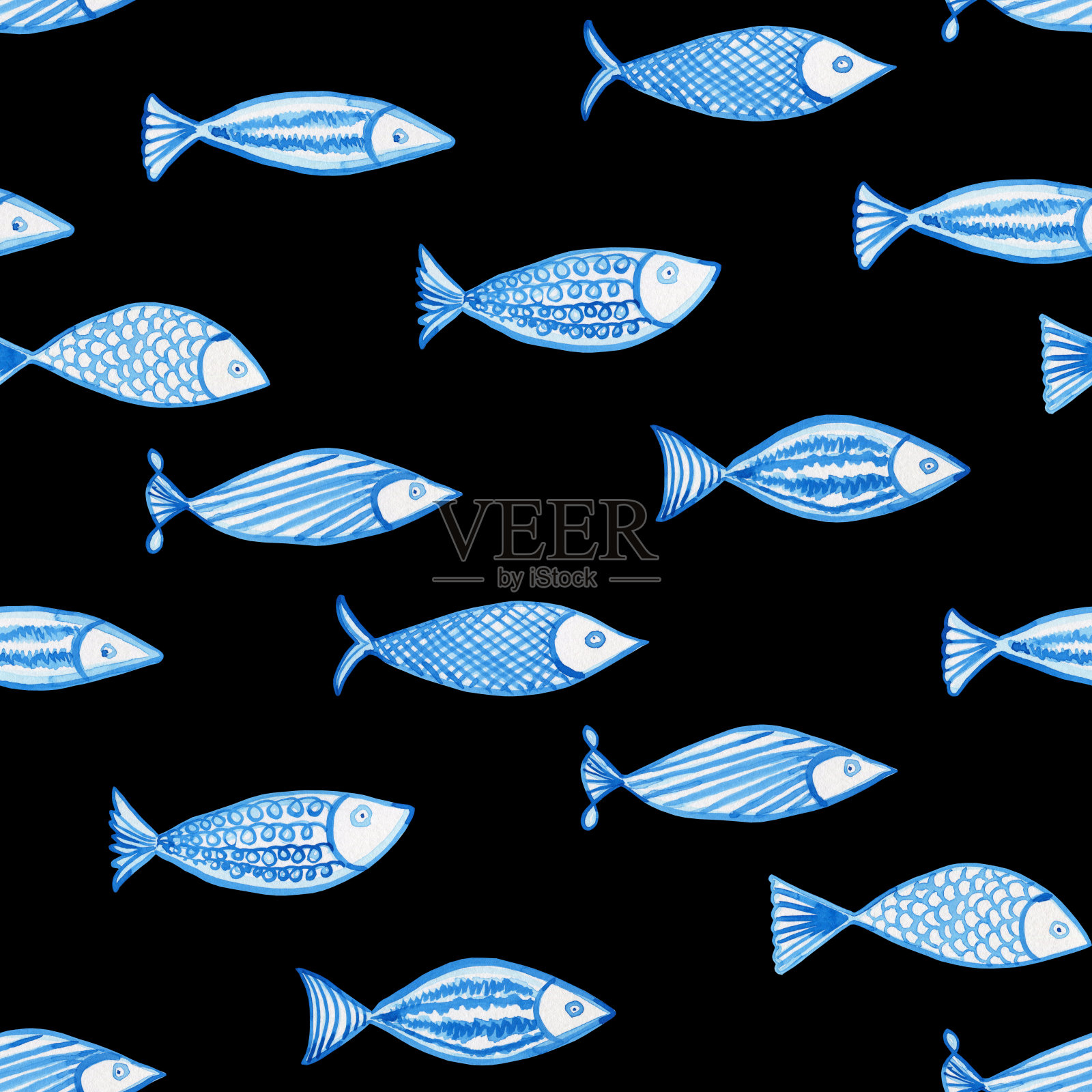 蓝色抽象水彩鱼无缝图案。手绘海洋生物无尽的背景。夏季单色墙纸和织物插图。儿童单色版画。插画图片素材