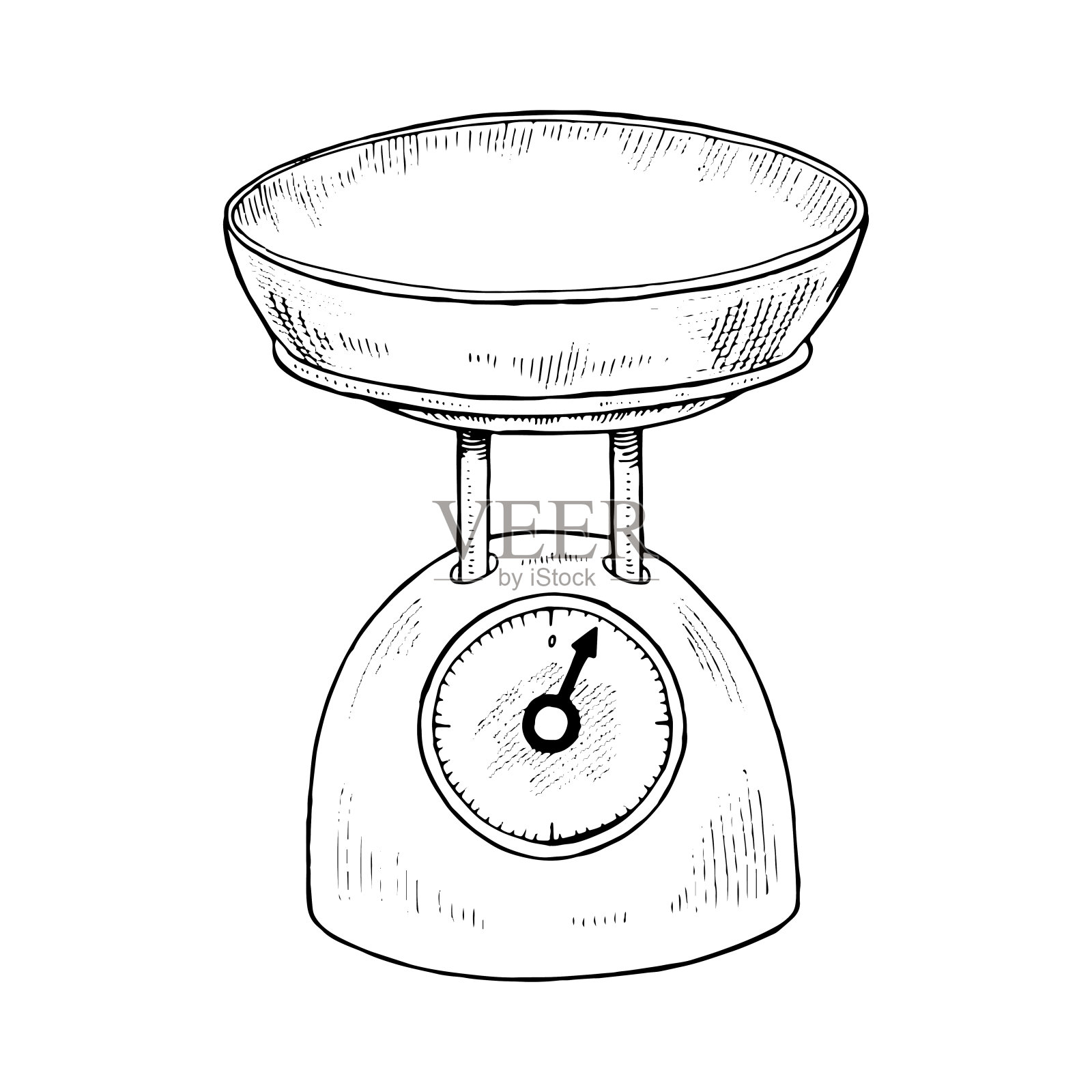 厨房规模矢量手绘插图。食物重量测量。复古的白色和黑色线条艺术绘画的背景。用于图形设计的空平衡剪贴画。复古风格烹饪元素插画图片素材