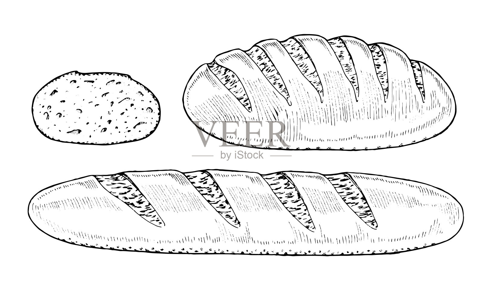 面包集矢量手绘插图。法棍和面包片素描。复古的白色和黑色线条艺术背景。图形设计的食物剪贴画。商店橱窗的面包房元素插画图片素材