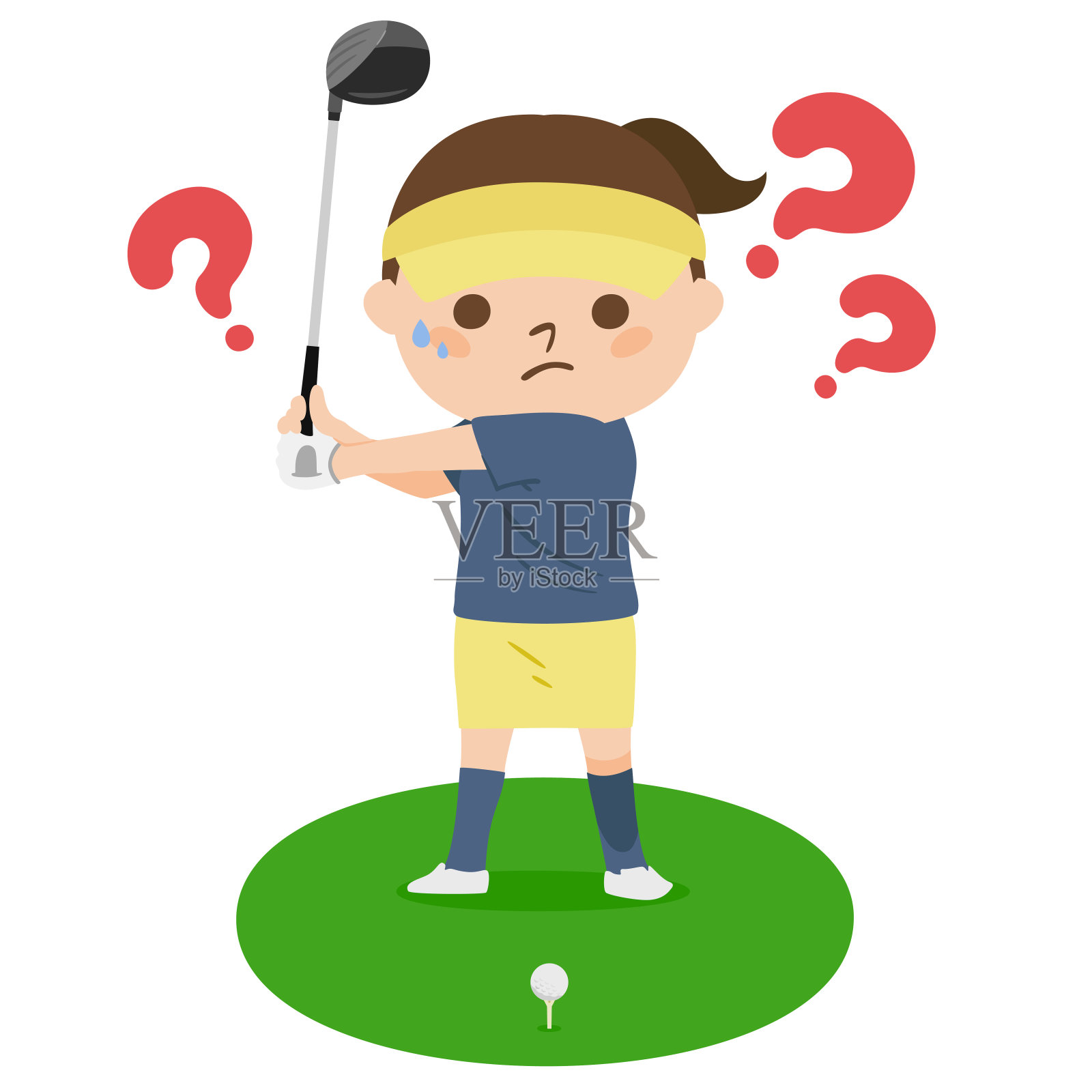 高尔夫插图。开球。一个女人在担心如何打高尔夫球司机。插画图片素材
