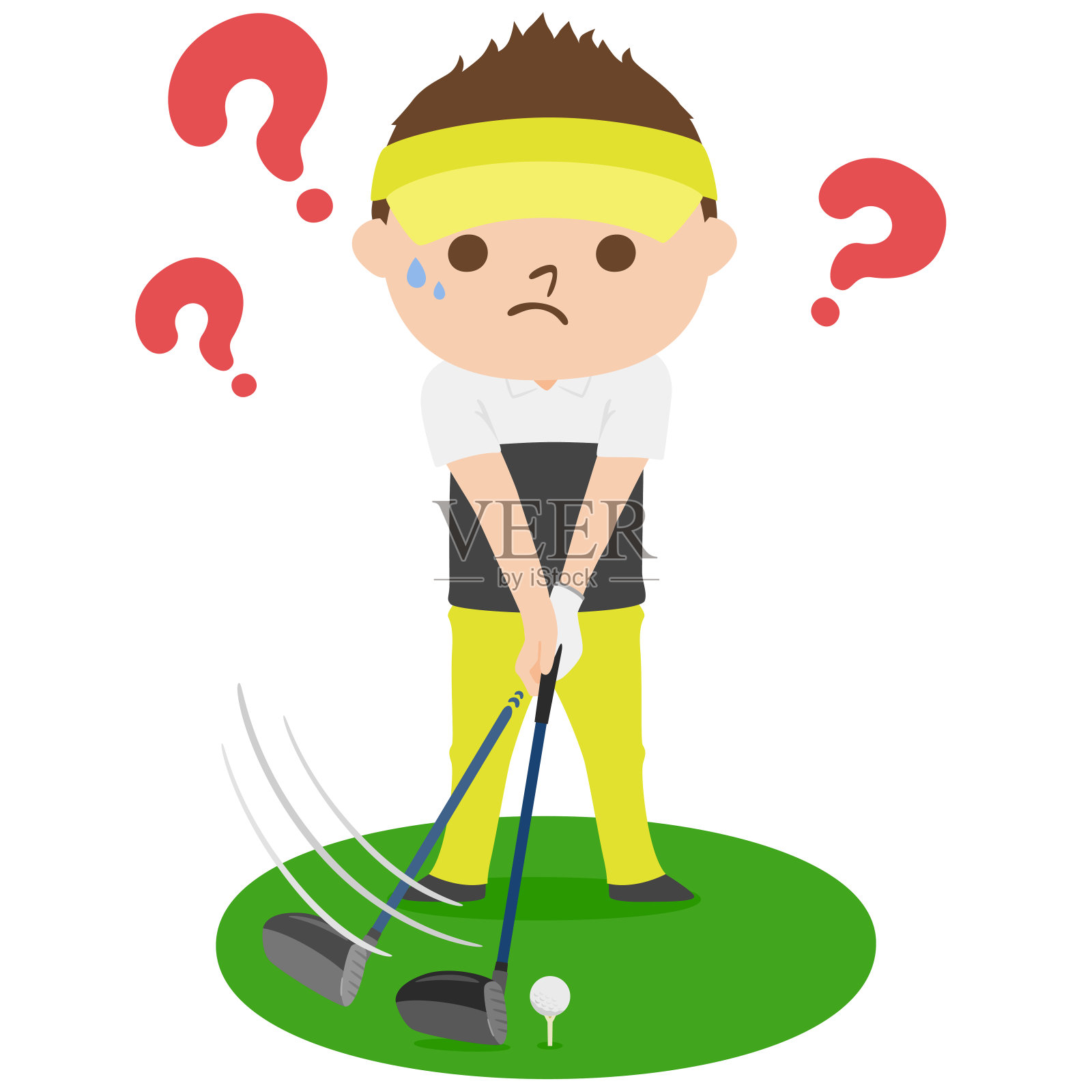 高尔夫插图。开球。一个男人担心如何打高尔夫球的司机。插画图片素材