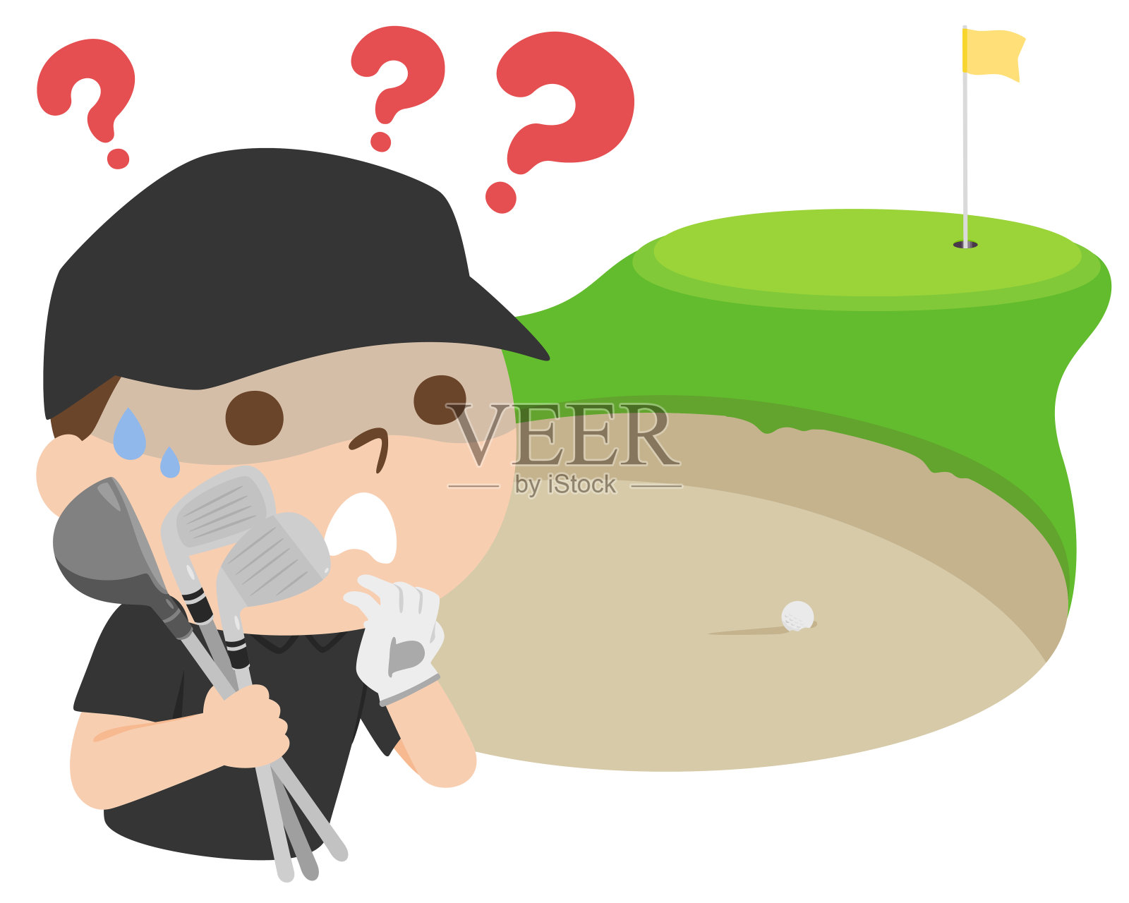 高尔夫插图。一名男子在沙坑前担心该用哪根高尔夫球杆。插画图片素材
