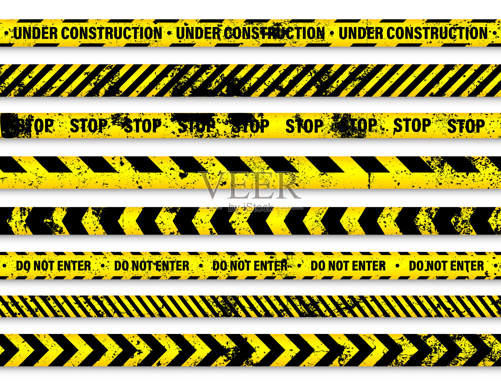 旧垃圾路障施工胶带。黄色警戒线，色彩鲜艳的危险或危险条纹，彩带。禁区，区域。注意符号。矢量图插画图片素材