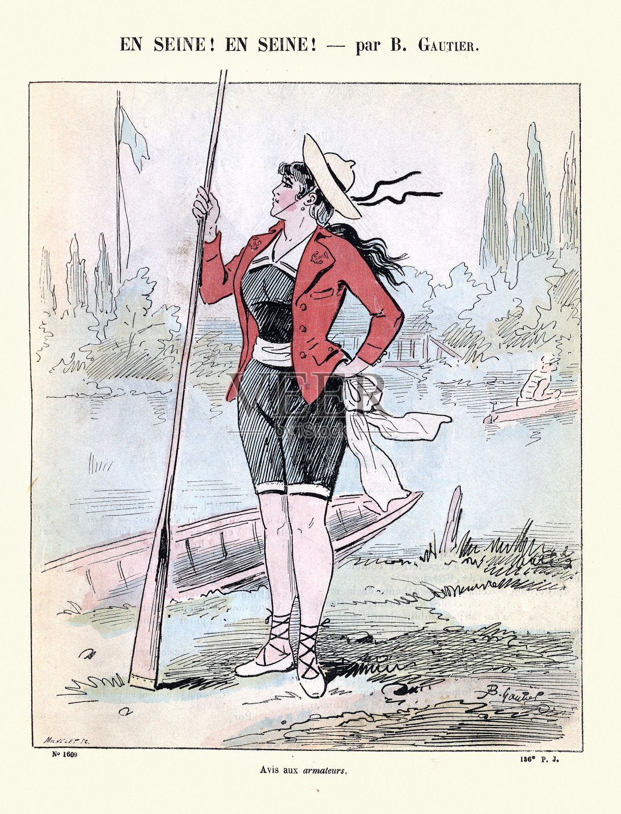 年轻女子在塞纳河上划船，法国，维多利亚时代，19世纪90年代，19世纪复古插图插画图片素材