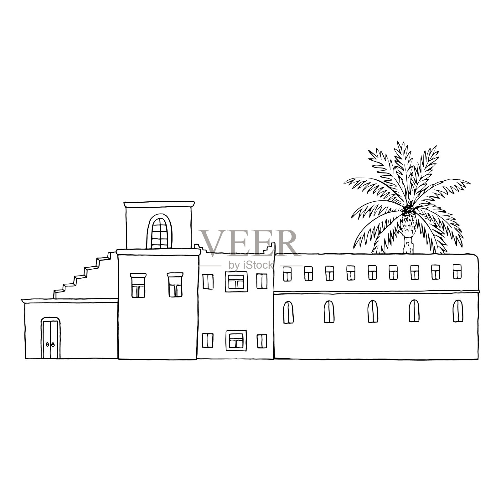 传统的阿拉伯房屋在中东街道与棕榈树，耶路撒冷城市景观黑白矢量插图。伊斯兰村庄的场景。古罗马石制建筑插画图片素材