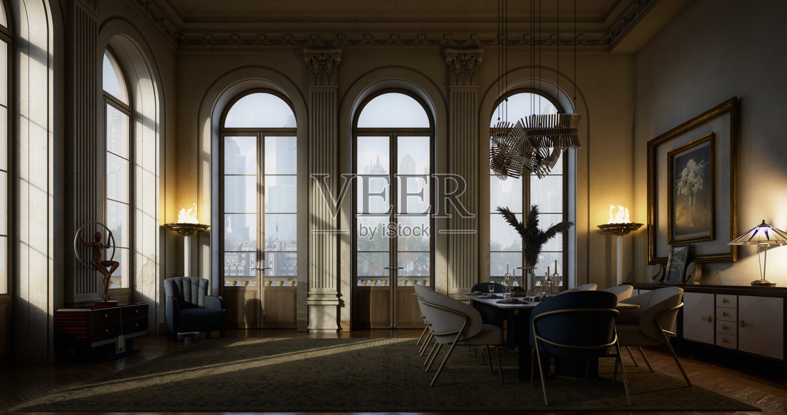 优雅装饰艺术风格的拱形窗客厅照片摄影图片