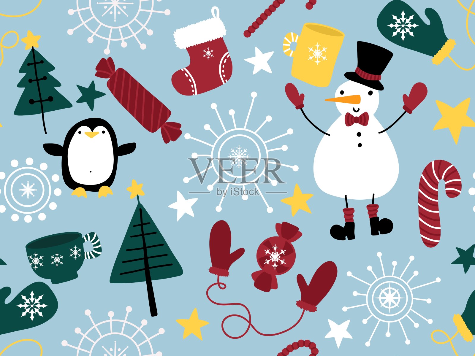 冬季圣诞无缝雪人图案包装纸插画图片素材