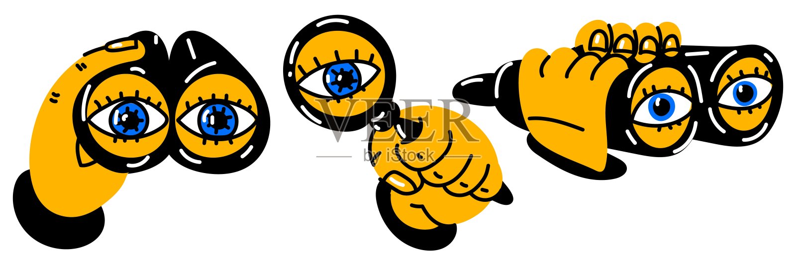 带有双筒望远镜和放大镜的徽章。手里拿着放大镜。探索和展望未来的概念。卡通平面矢量收集孤立的白色背景插画图片素材