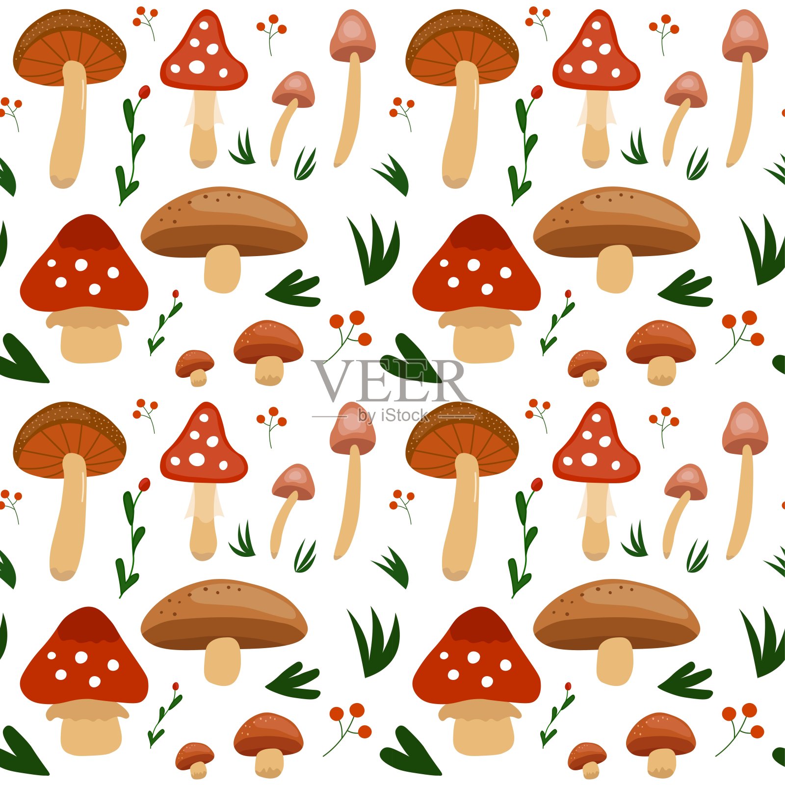 无缝图案插图与蘑菇和植物插画图片素材