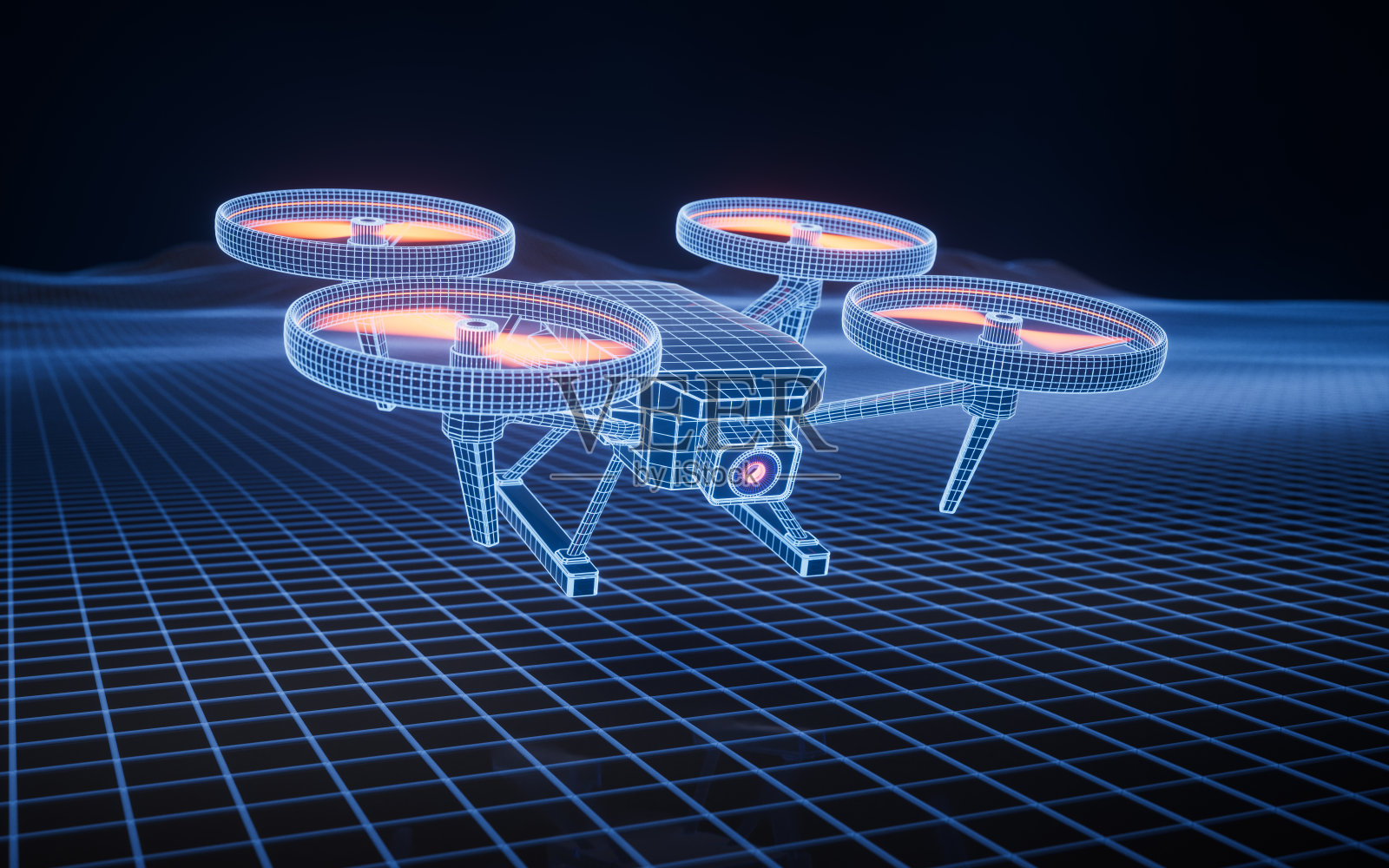 无人机与未来的数字结构，3d渲染。照片摄影图片