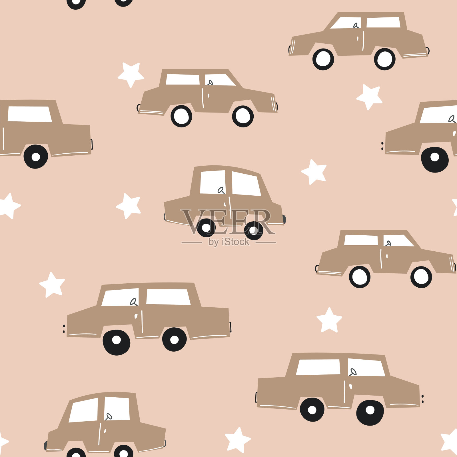 在彩色背景上与可爱的汽车无缝图案。Cartoot运输。矢量插图。涂鸦风格。设计婴儿印花，邀请，海报，卡片，织物，纺织品插画图片素材