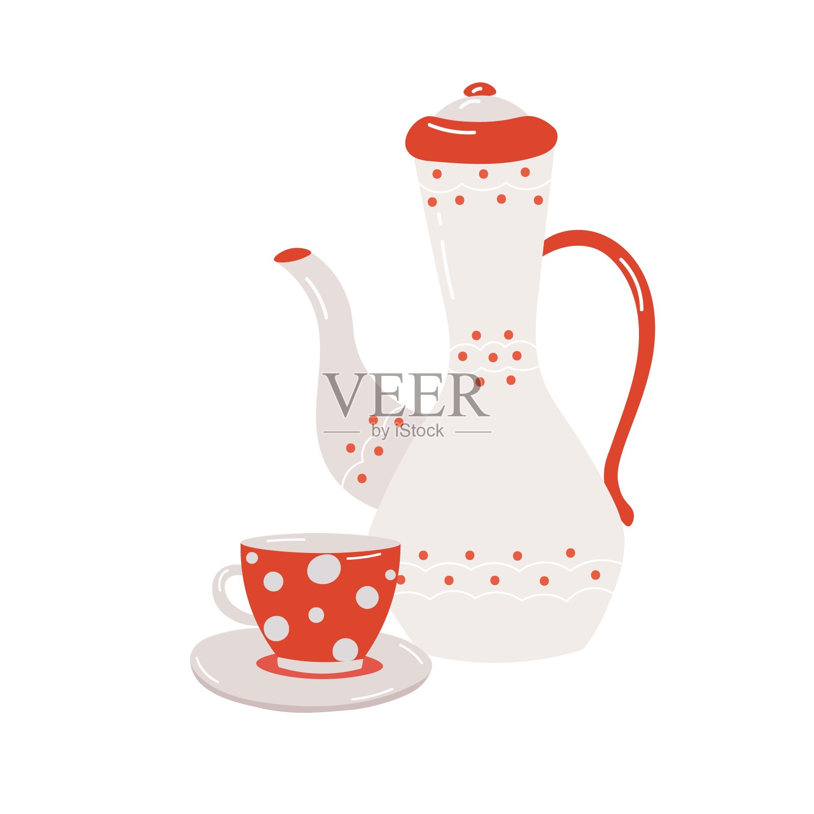 漂亮的白色茶壶和白色背景的圆点茶杯。插画图片素材