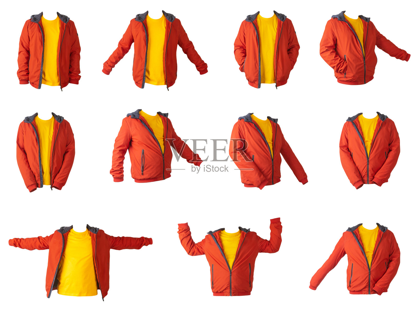 白色背景上有拉链的夹克和t恤。随意的风格照片摄影图片