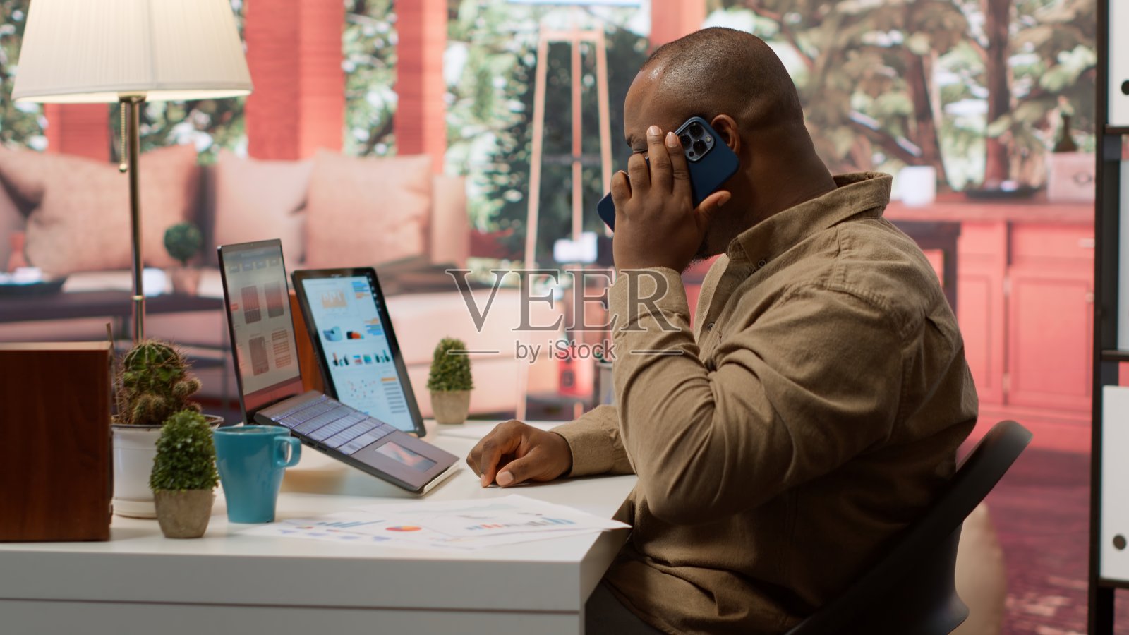 企业家在家里远程用笔记本电脑查看统计数据照片摄影图片