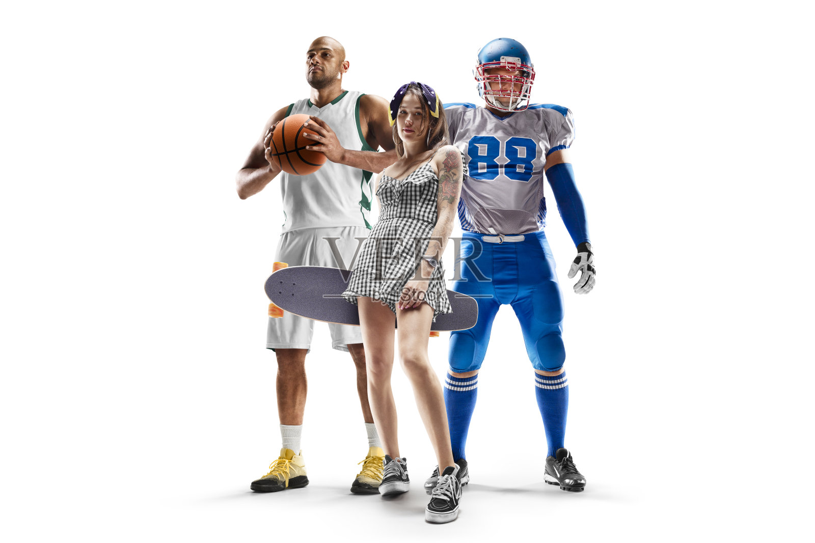 篮球、滑板、橄榄球运动拼贴照片摄影图片