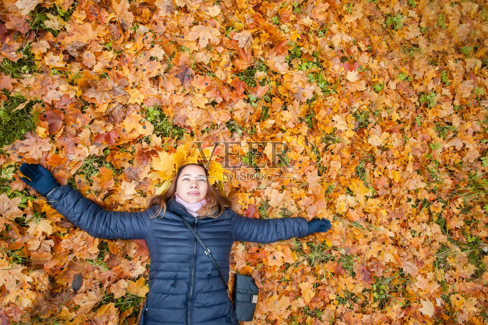 迷人的秋天女人躺在背景与黄色，金色，橙色枫叶与复制空间在秋天公园，户外肖像俯视图照片摄影图片