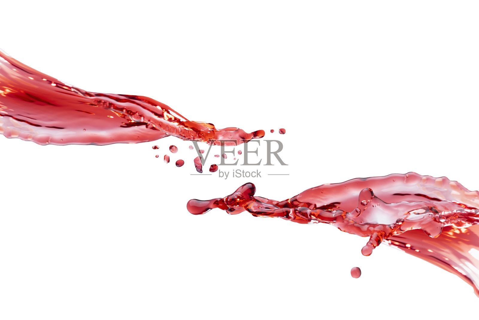 两股红樱桃汁试图在运动中连接起来。饮料流着明亮的飞溅，飞落，孤立在白色的背景。果汁饮料广告，设计，传单，卡片。照片摄影图片