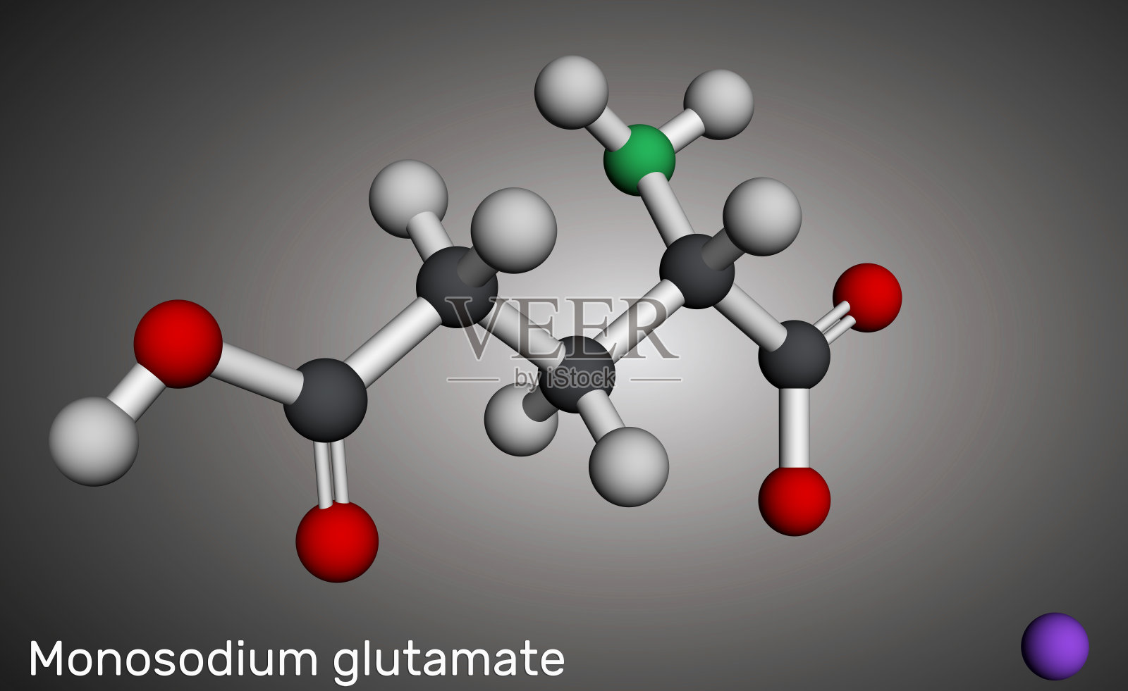 味精，味精，谷氨酸钠分子。它是风味增强剂E621。分子模型。三维渲染照片摄影图片
