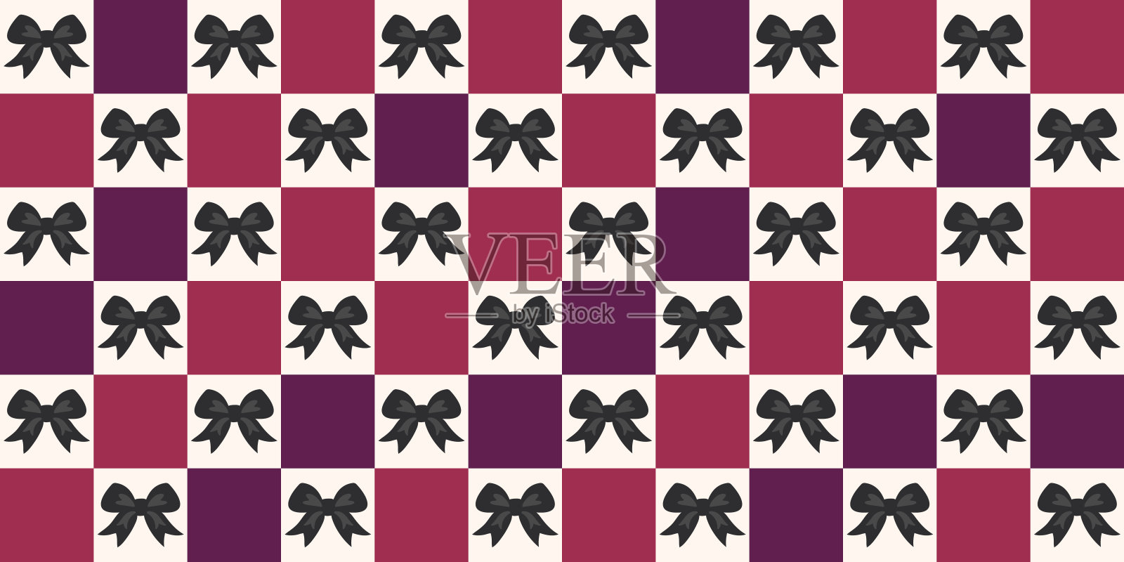 令人毛骨悚然的万圣节格子无缝图案黑色蝴蝶结和紫色象棋。绝妙的秋天背景。不给糖就捣蛋。幽灵般的表面设计。时尚复古风格的90年代。网格在千年虫风格。插画图片素材