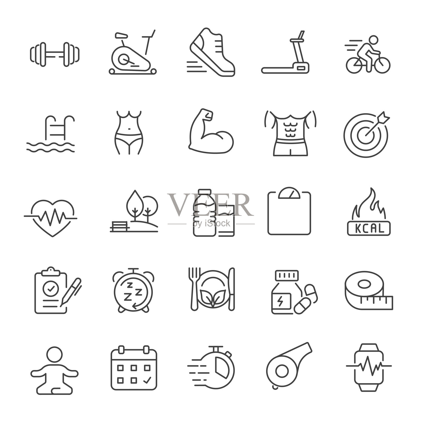 健身细线图标集合。可编辑的中风。网站营销设计，logo, app，模板，ui等。矢量插图。插画图片素材