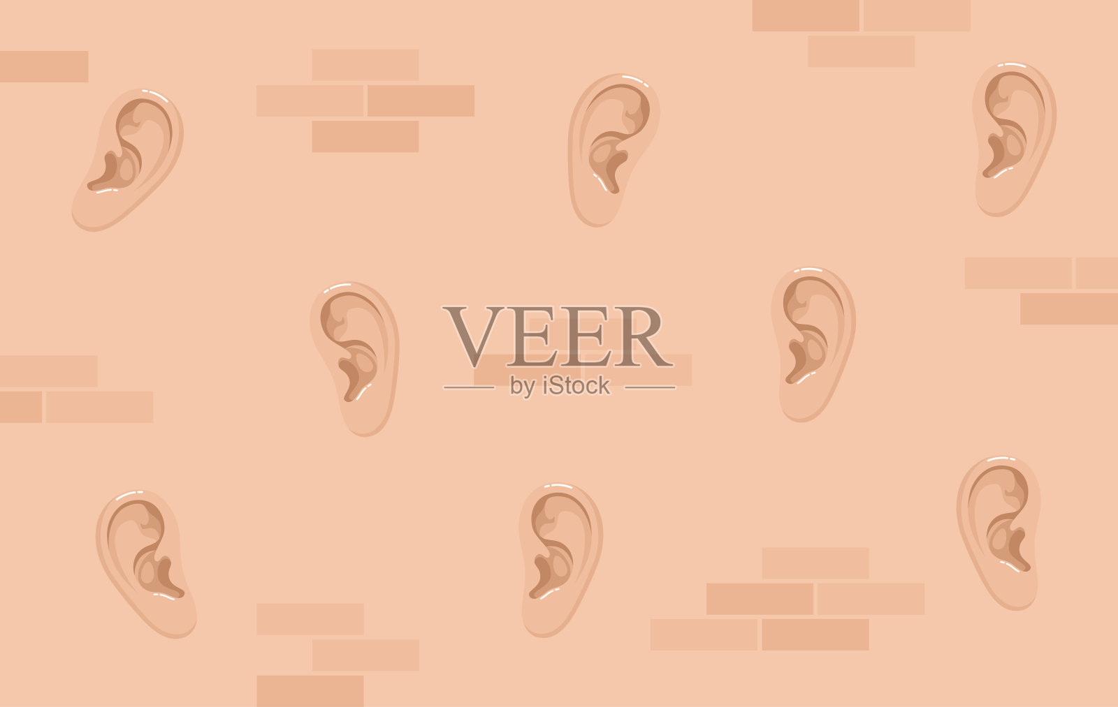 想象一下这个比喻短语，隔墙有耳。耳朵上的砖墙，平面矢量插图插画图片素材