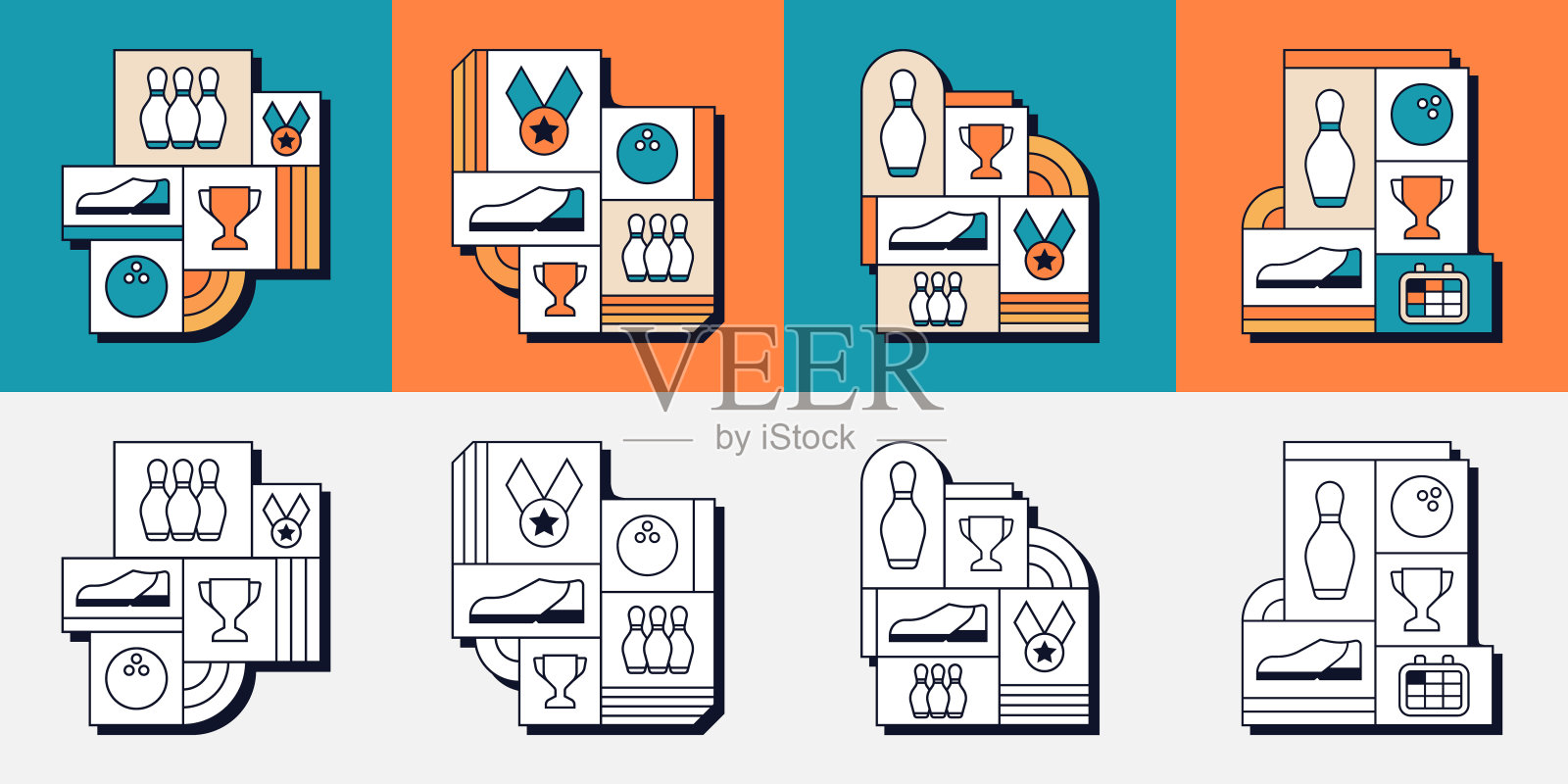 保龄球鞋、球瓶、球类比赛奖杯勋章几何线条艺术插画插画图片素材