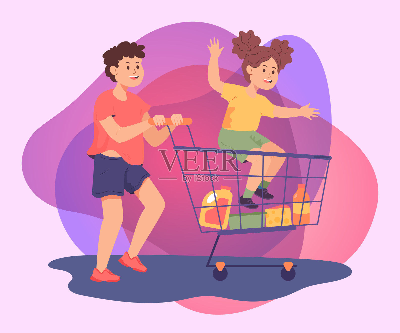 哥哥把妹妹放在购物车里插画图片素材