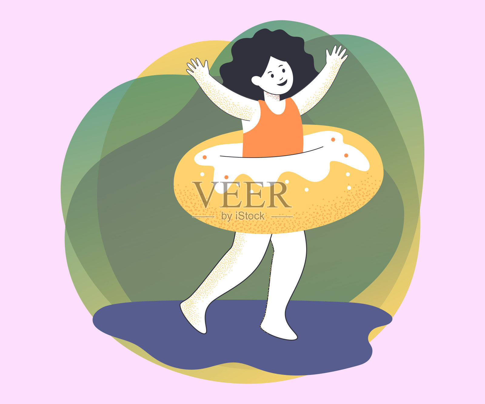 带着充气戒指的可爱女孩插画图片素材