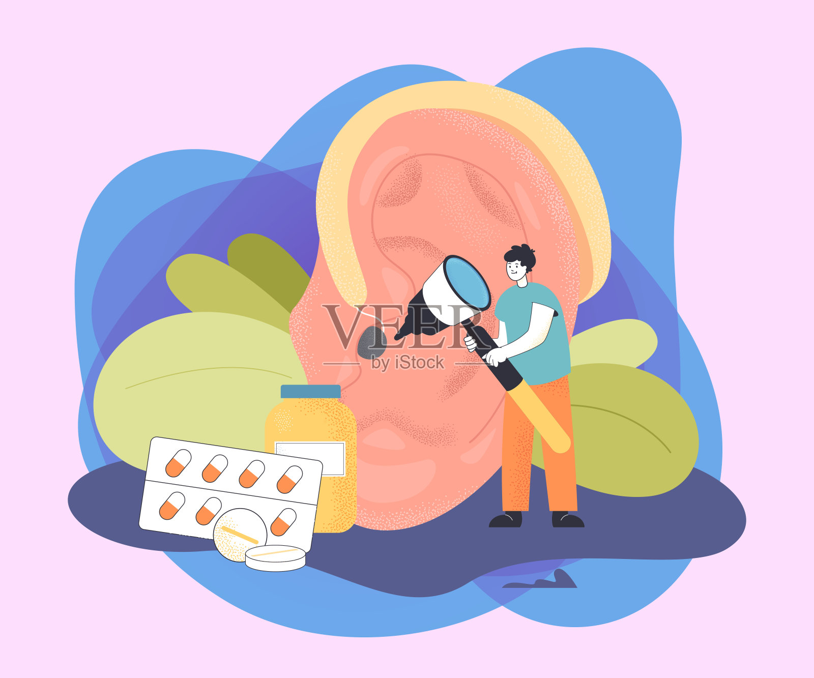 卡通小医生用工具检查大耳朵插画图片素材