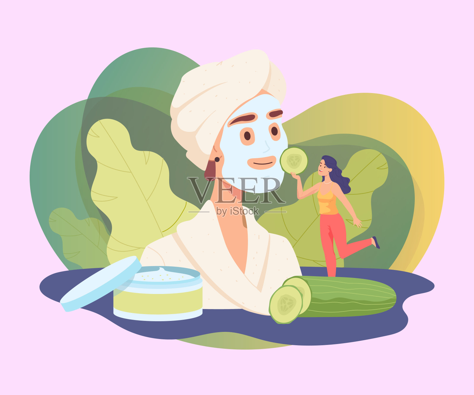 美容师在女士脸上敷黄瓜面膜插画图片素材