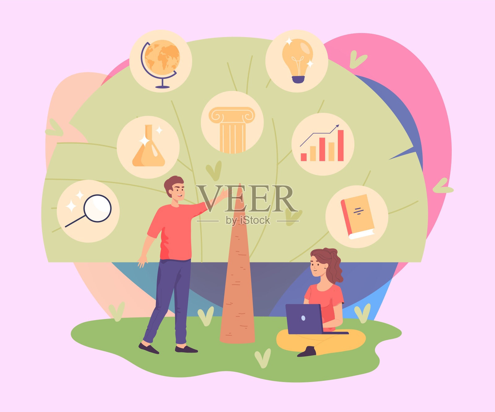 志愿者帮助女学生用笔记本电脑做研究插画图片素材