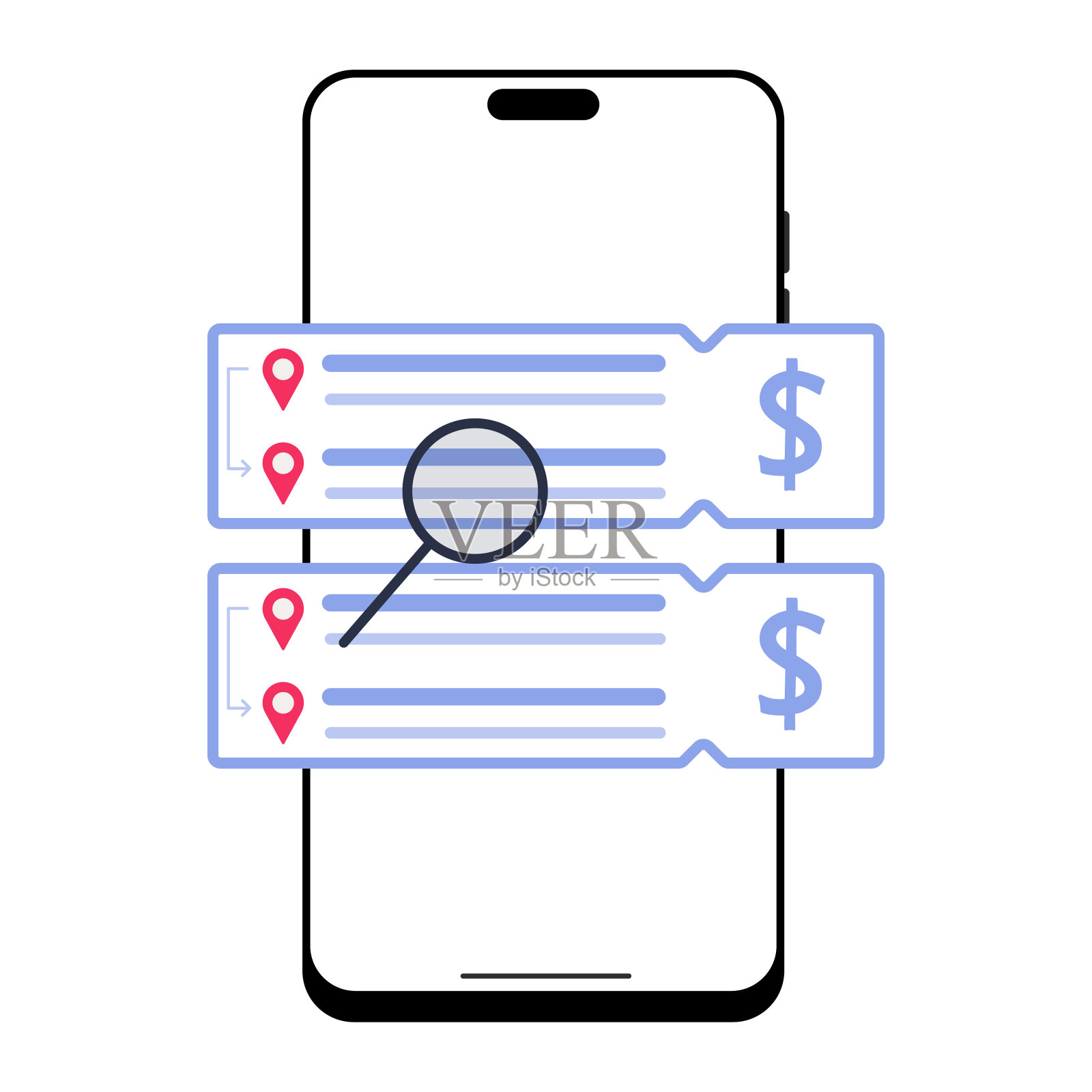 用放大镜显示票价搜索结果的移动设备插画图片素材