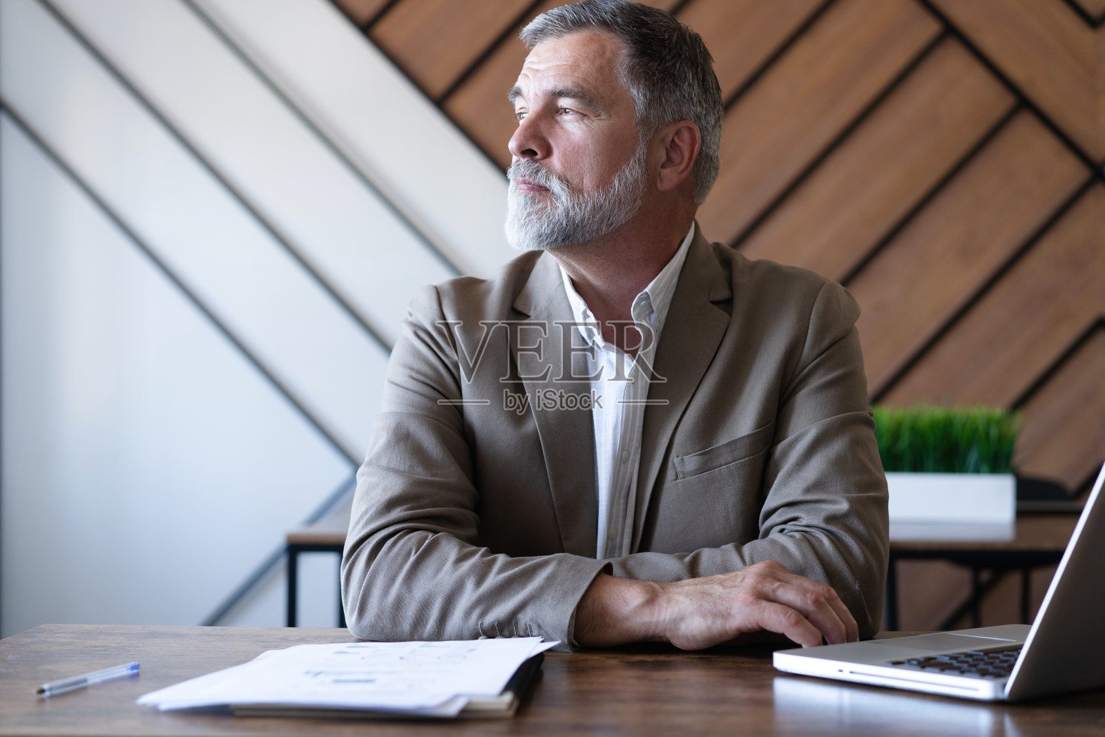 微笑的成熟的商人，穿着衬衫，坐在办公桌前使用笔记本电脑。快乐忙碌的职业中年经理投资者在电脑上工作，看着办公室照片摄影图片