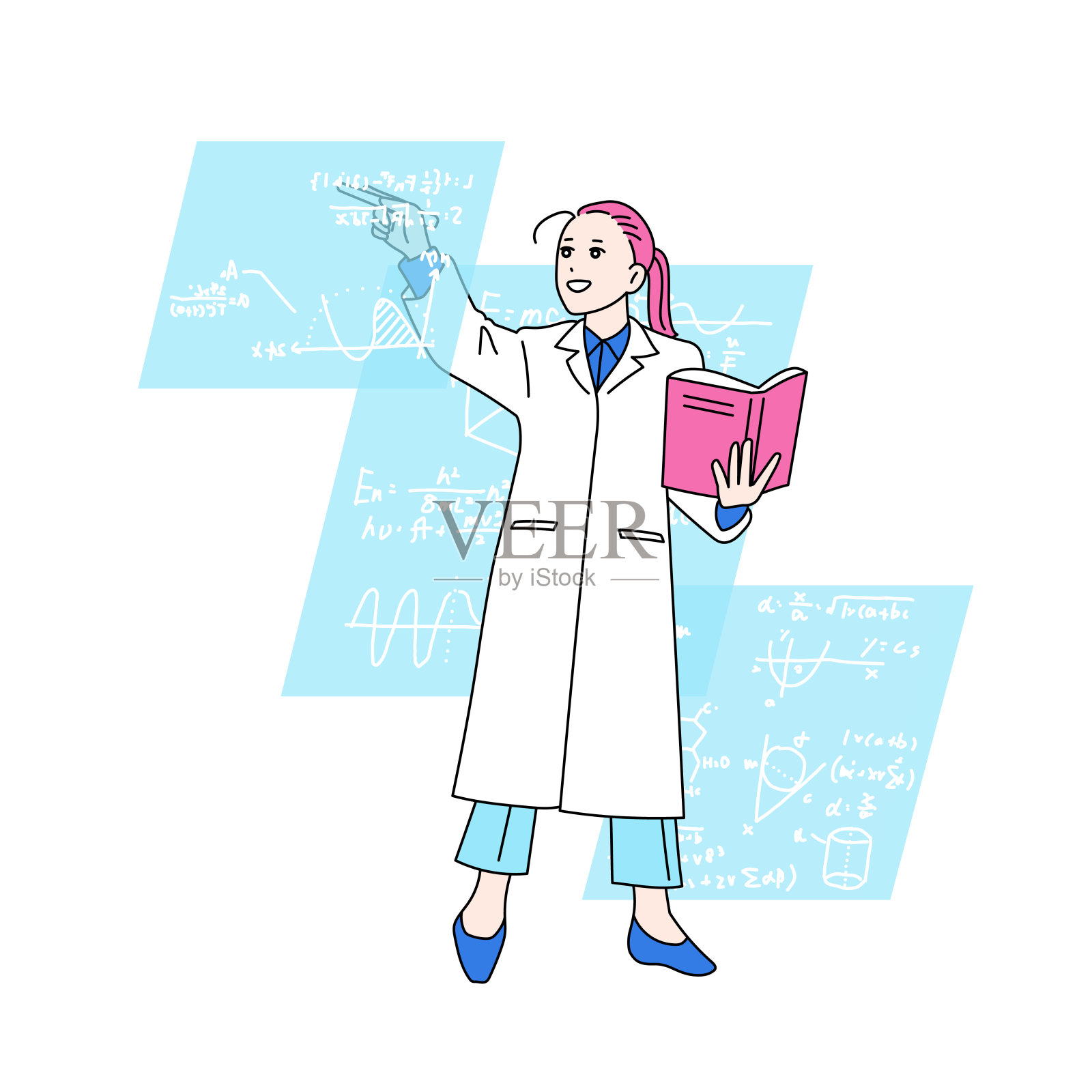 一个女人手里拿着一本书写数学公式的插图:逻辑学家插画图片素材