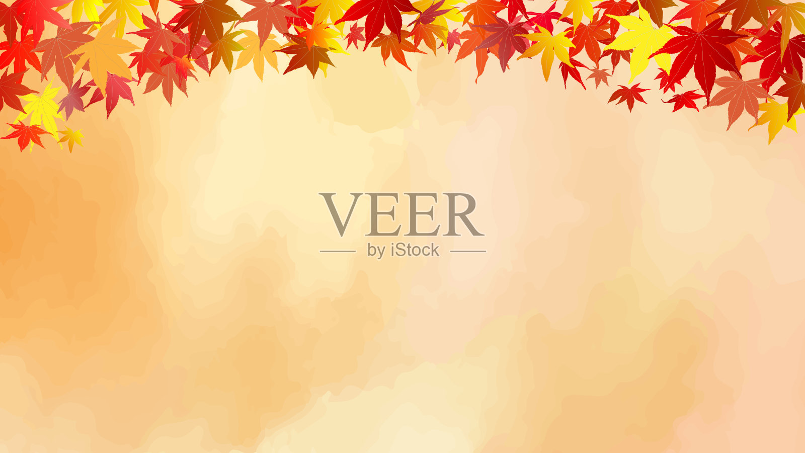 五颜六色的秋叶和水彩背景矢量插图背景模板，16:9，枫木，橙色，黄色，米色，美丽的水彩纹理，插画图片素材