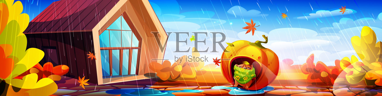 你好，卡通风格的秋天。牛头犬披着温暖的围巾，在南瓜窝里，房子附近的秋叶在雨中映衬着秋天的风景。创意时尚秋长插画。插画图片素材