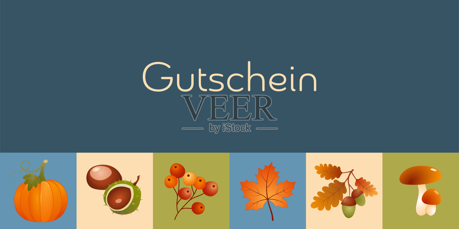 Gutschein -德文文本-凭证。印有枫叶、南瓜、浆果、栗子、橡子和蘑菇的秋季贺卡。插画图片素材