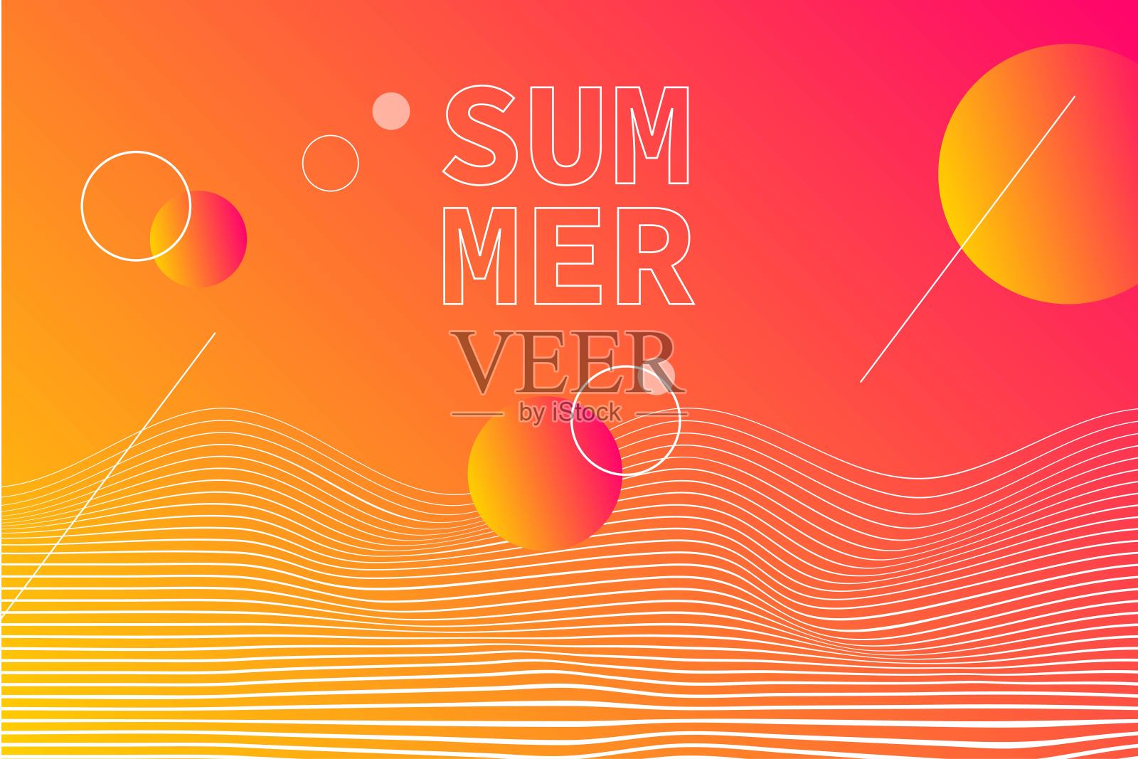 充满活力的夏季图形与橙色和粉红色的梯度，圆圈和波浪线。极简主义设计，以白色粗体文字“SUMMER”为特色插画图片素材