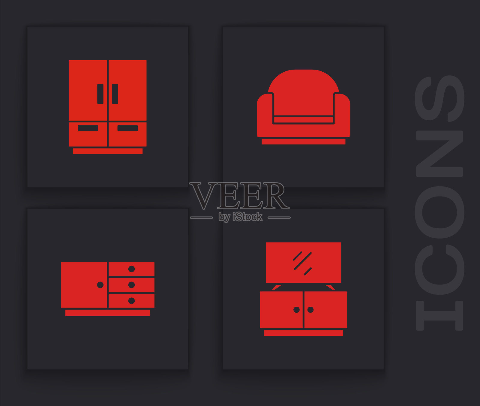 设置电视桌架，衣柜，扶手椅和抽屉柜图标。向量插画图片素材