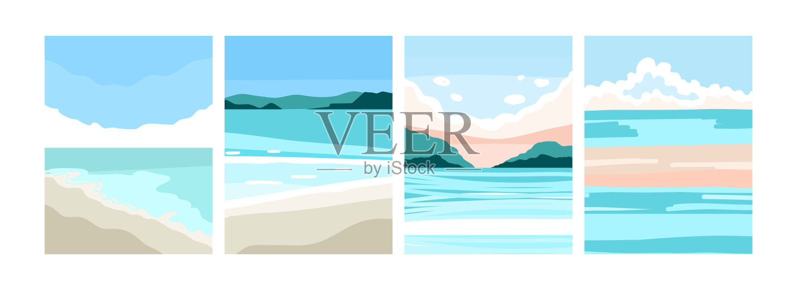 海洋抽象海报。海洋景观集，当代艺术印刷模板，自然背景的社交媒体。极简风格的度假背景，夏日海滨沙滩。矢量平面插图插画图片素材