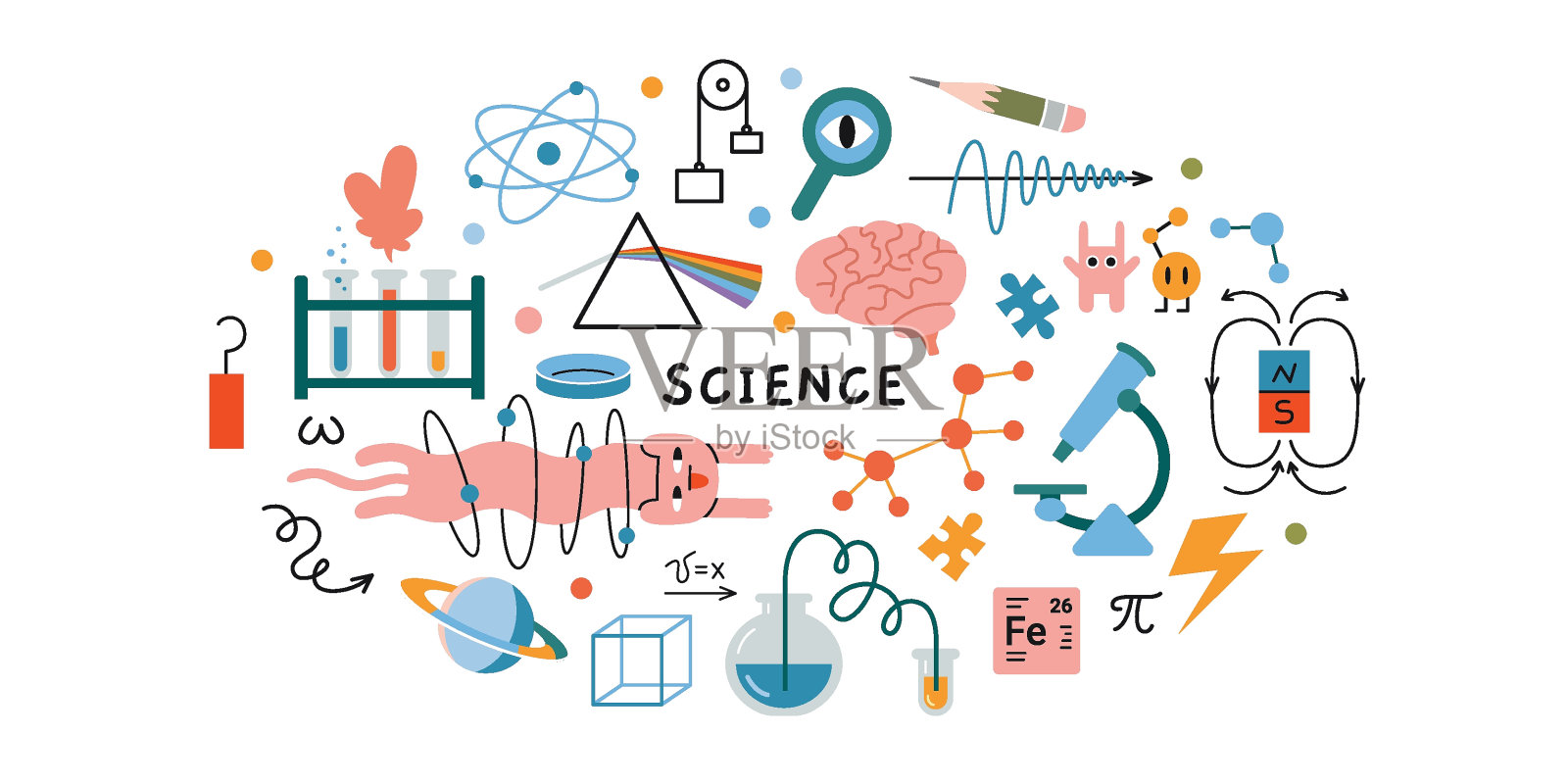 科学研究理念。以物理、生物和化学为主题的圆形作文。教育和学习理念。新潮的现代矢量插图孤立在白色，手绘，平面插画图片素材