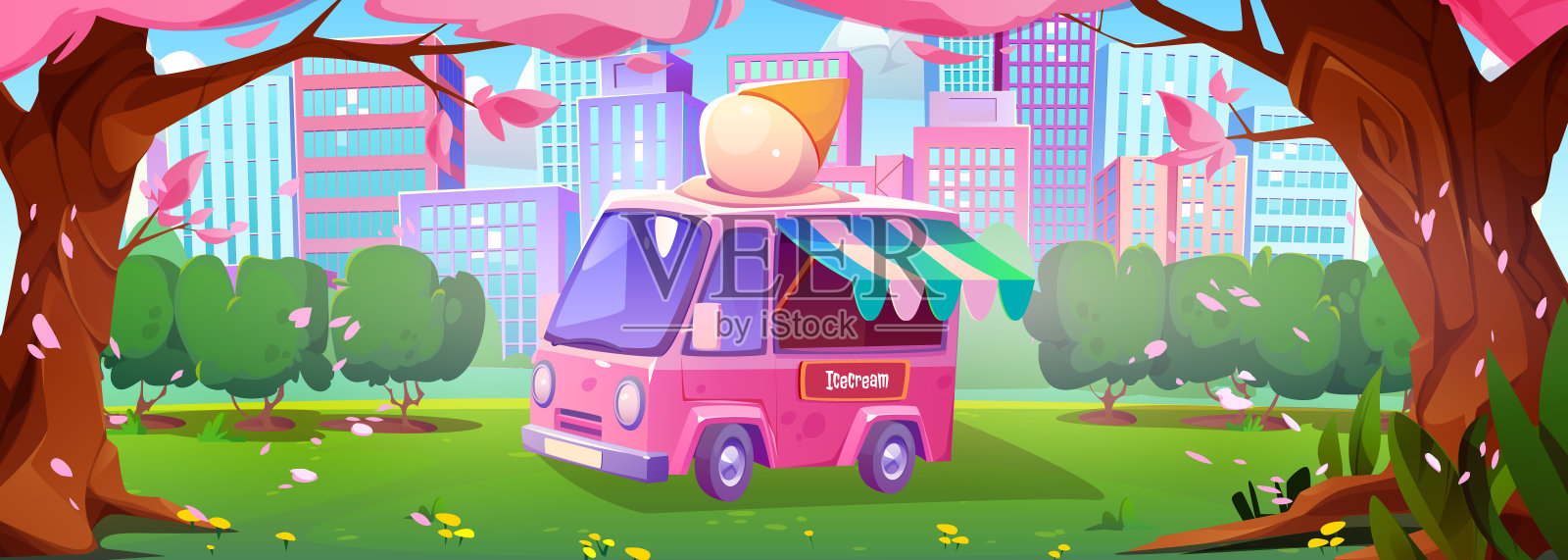 春城公园的冰淇淋车插画图片素材