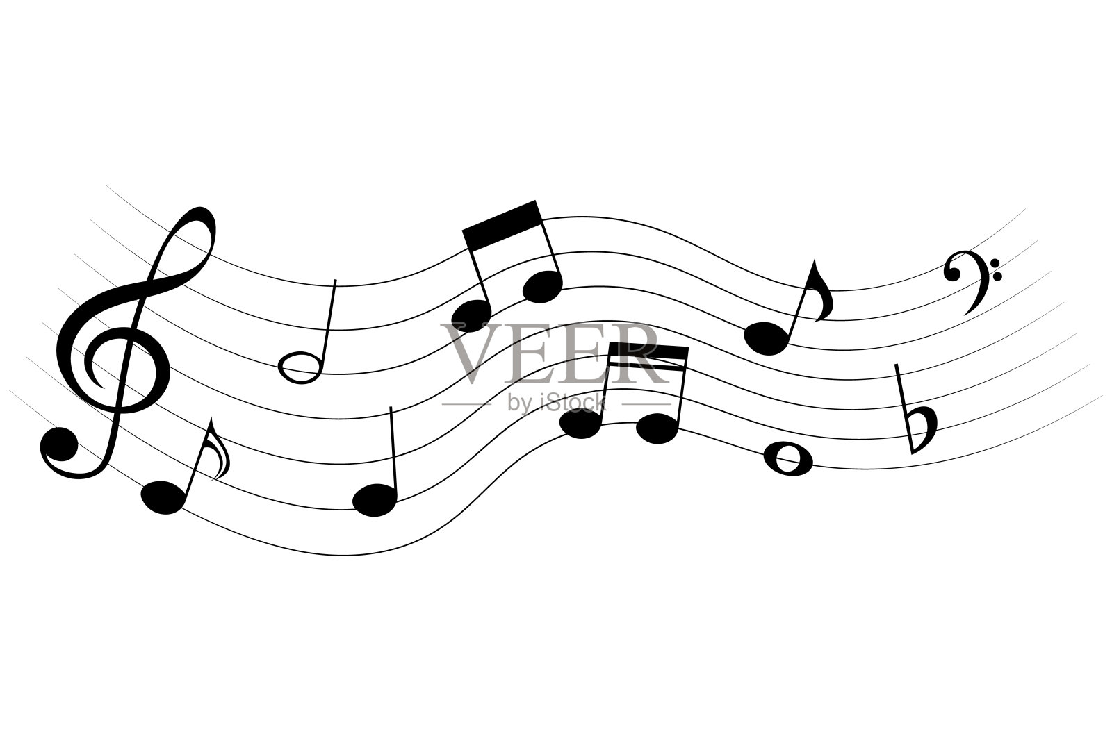 黑色音乐音符波浪五线谱，孤立的矢量音乐元素。插画图片素材