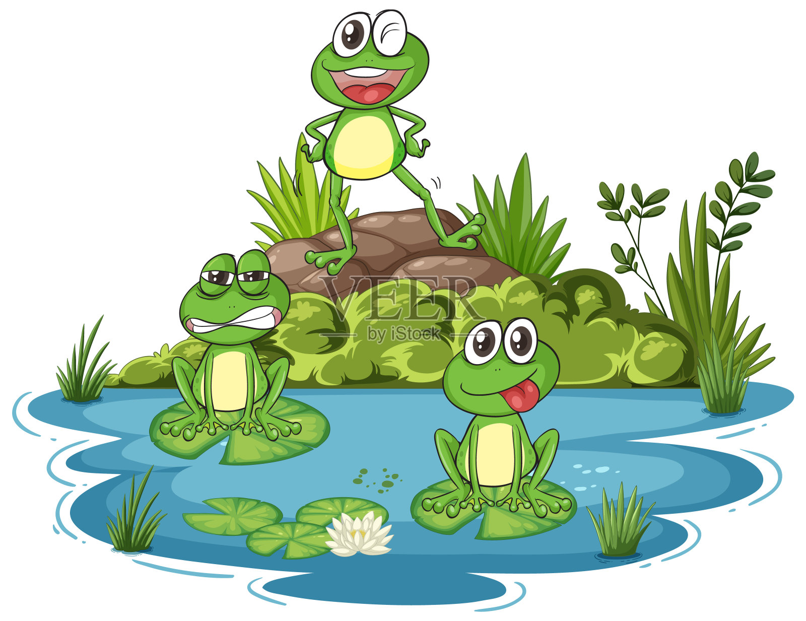 三只青蛙欣赏池塘的景色插画图片素材
