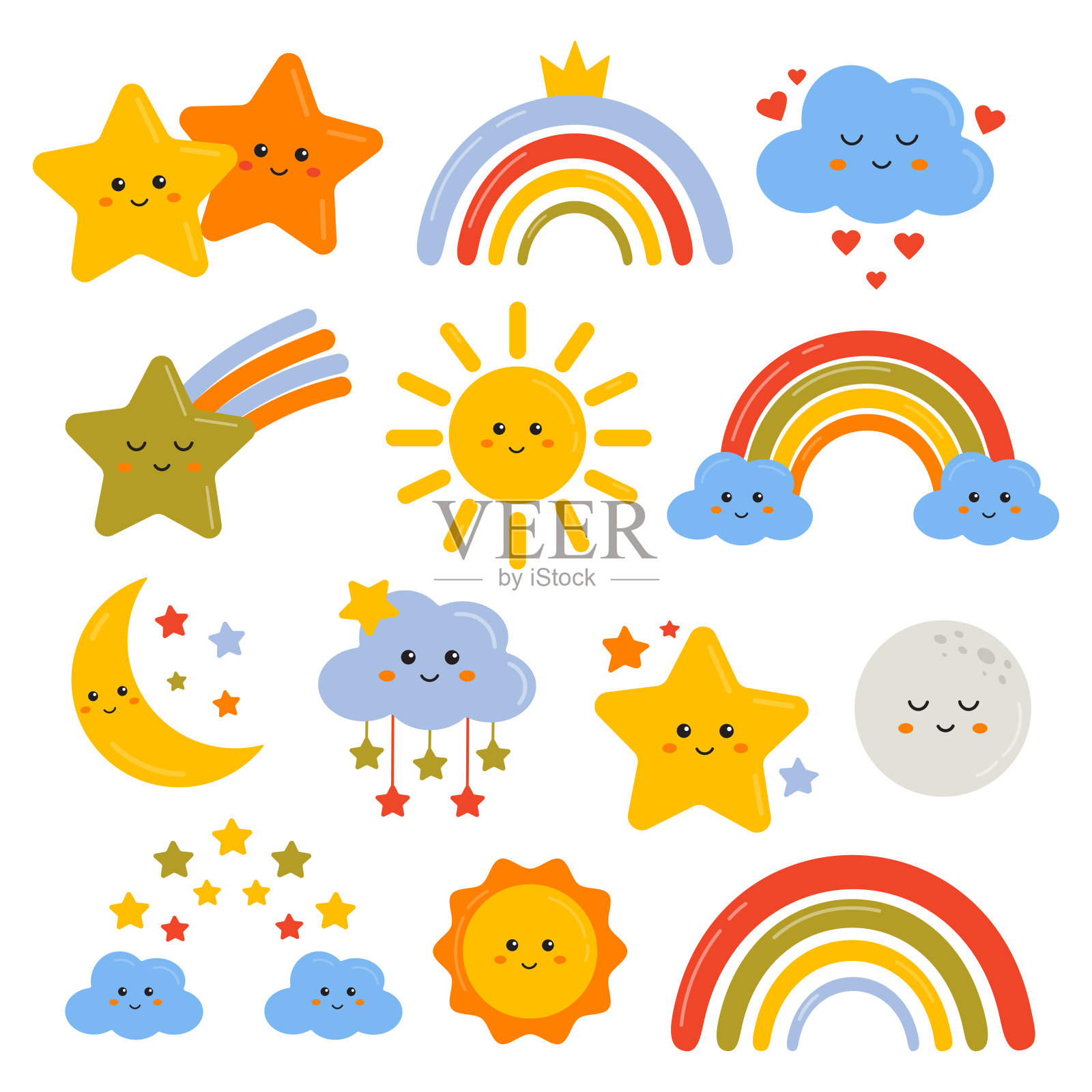 有趣的矢量图标集彩虹，太阳，云，月亮，星星。幼稚的天气元素收集。可爱的彩虹剪贴艺术假期，托儿所装饰，婴儿淋浴，服装印刷，邀请，卡片。插画图片素材