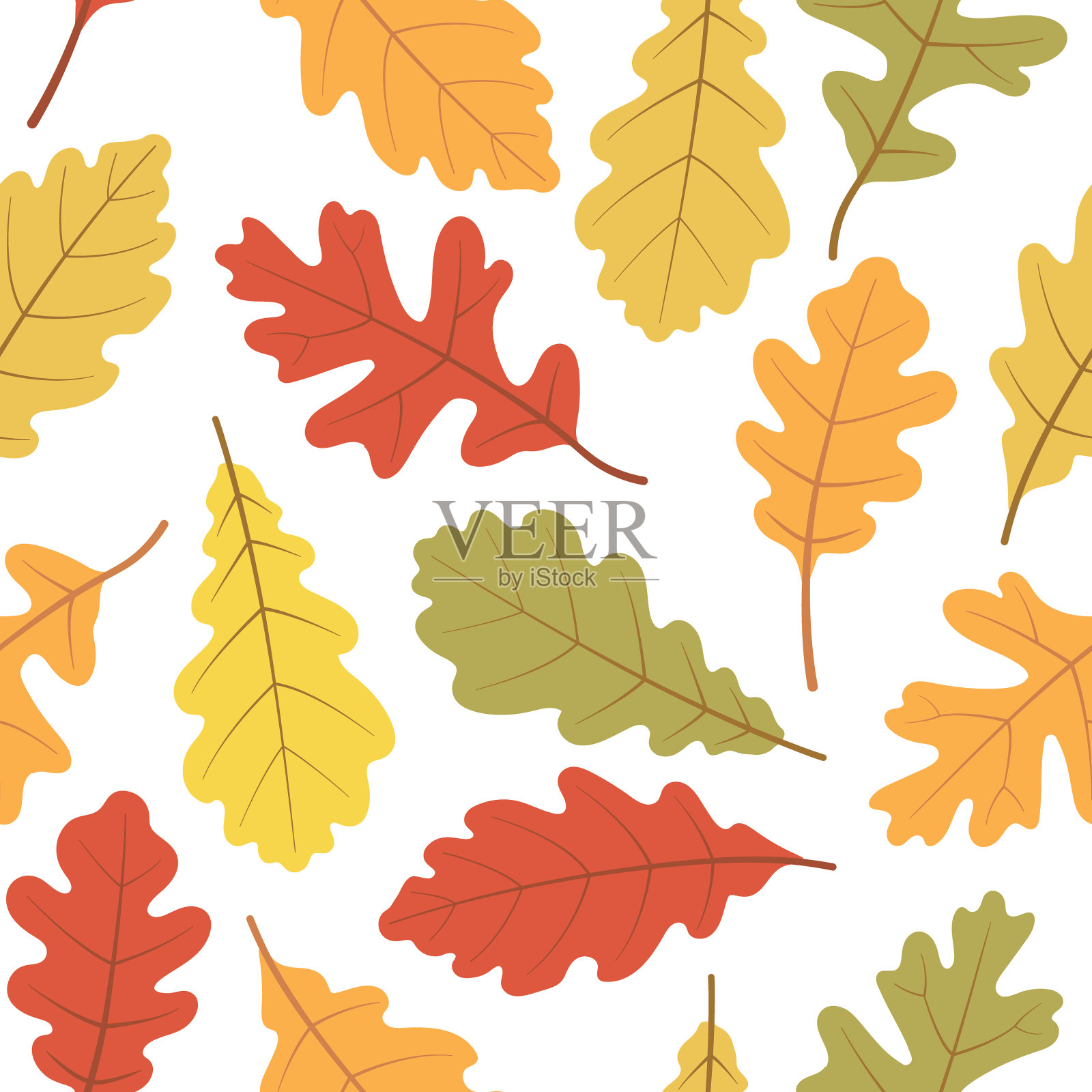 秋叶花纹无缝。秋天的橡树叶、枫叶和栗叶。用于包装纸、墙纸和织物的秋季植物季节性背景。矢量秋天的树叶在白色背景上打印。插画图片素材