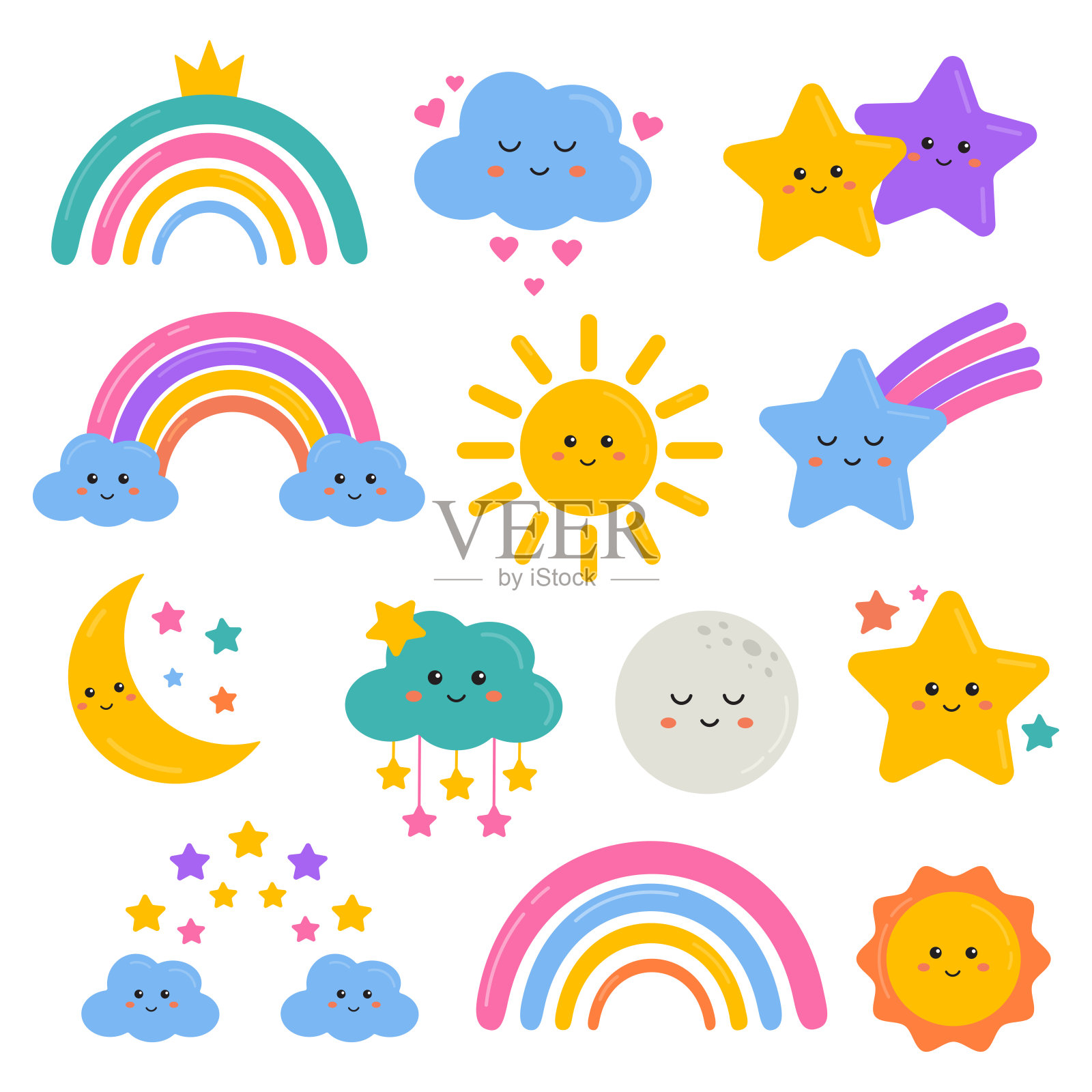 可爱的收集星星，彩虹，云，月亮，太阳在卡通风格。天气图标，儿童友好的设计。彩虹和星星剪贴画为印刷品，t恤，节日邀请，卡片为儿童。插画图片素材