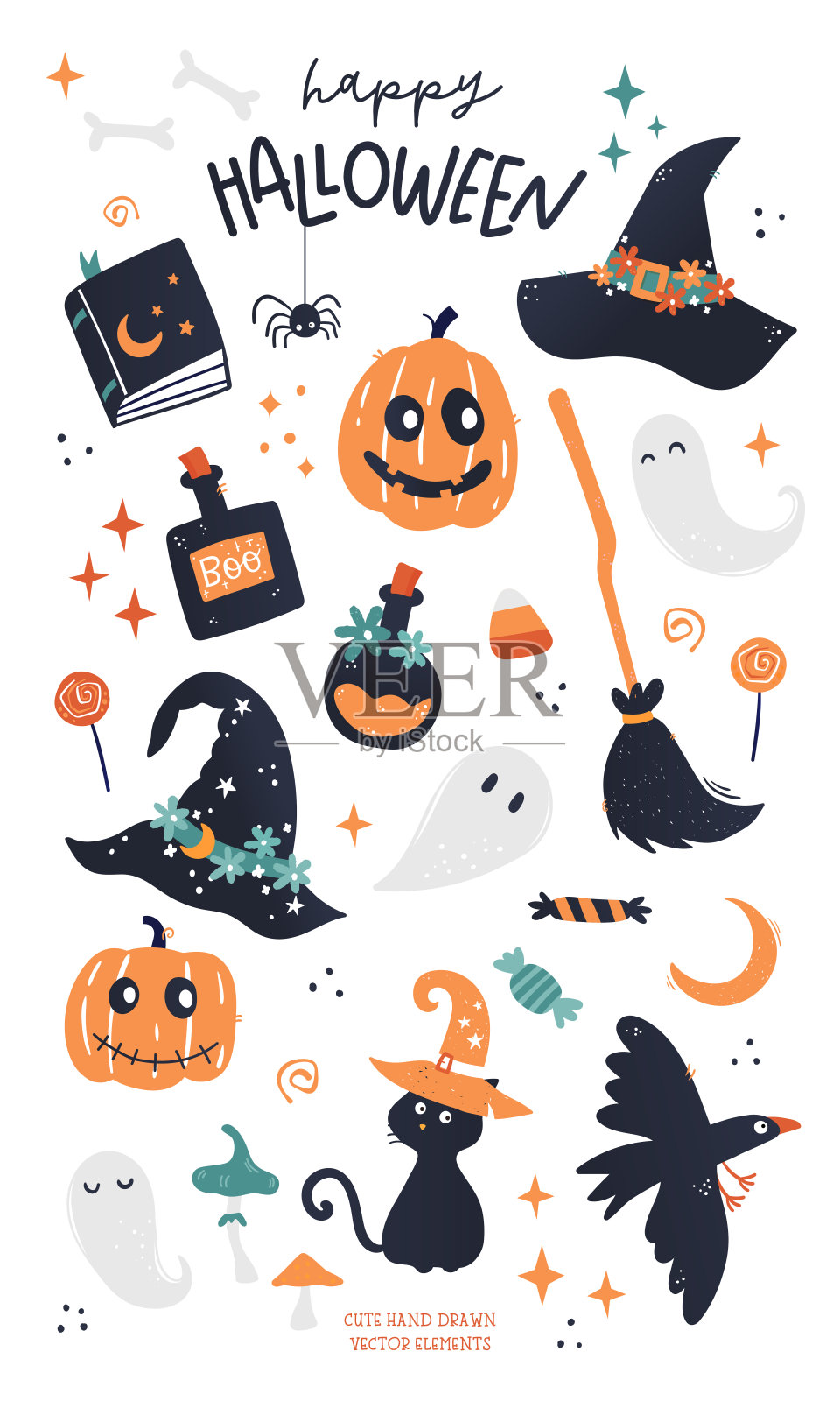 可爱的手绘万圣节元素，有趣的涂鸦，伟大的万圣节横幅，壁纸，纺织品，包装矢量设计插画图片素材
